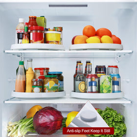 LANDNEOO fridge storage with 12-inch turntable organizes fruits and vegetables efficiently.