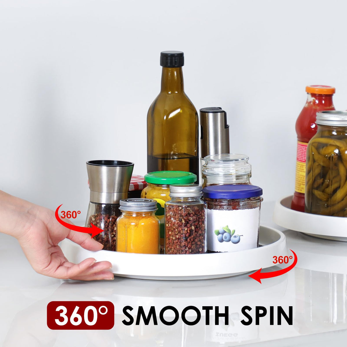 LANDNEOO 12-inch lazy susan in pantry with spice jars neatly arranged.