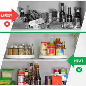 LANDNEOO under-sink setup with lazy susan keeping cleaning supplies reachable.