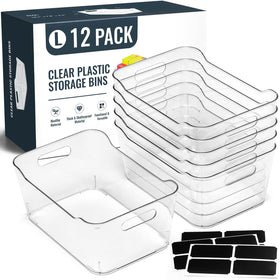 LANDNEOO SOHO 12-pack clear bins with labels for easy pantry organization.