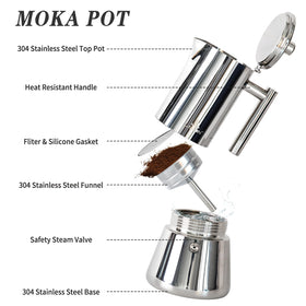 LAOION moka pot on induction stove demonstrates versatile heating options.