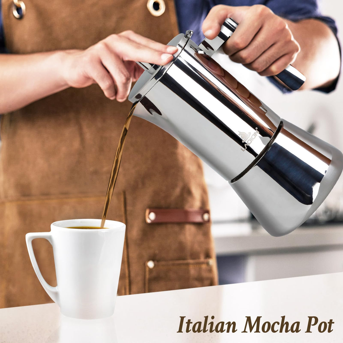 LAOION stovetop espresso set on stove demonstrates compact, travel-friendly design.