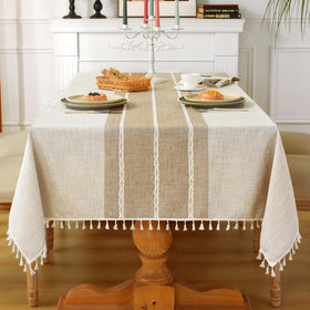Laolitou rustic cotton linen tablecloth on a dining table for six to eight guests.