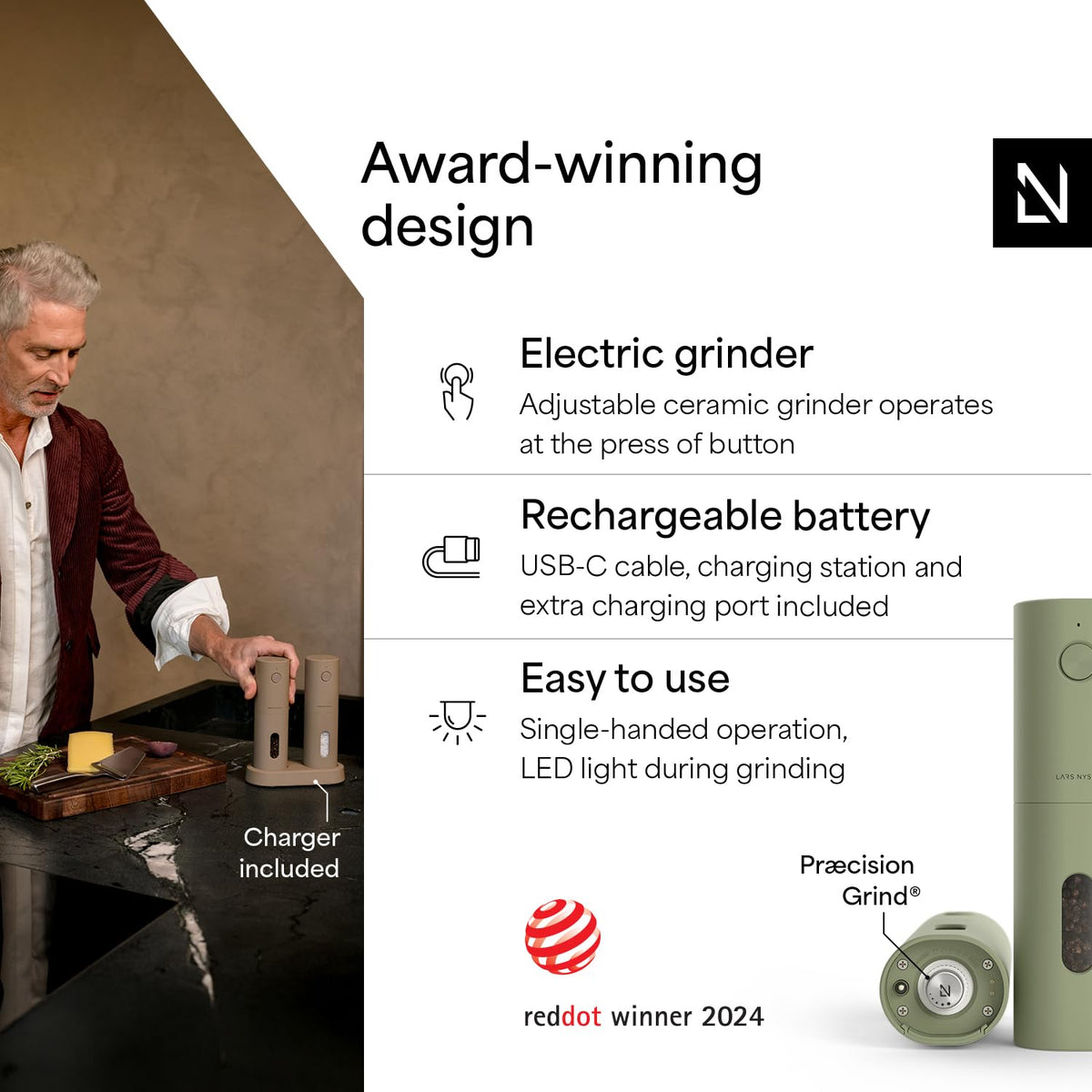LARS NYSØM Spænding electric grinder LED light activated during use for precise seasoning