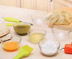 Lartique glass bowls for dips and nuts, microwave-ready convenience.