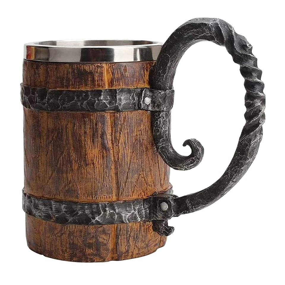 LAUGOKOBE wooden barrel beer mug with handle for safe comfortable grip.