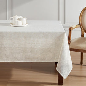 Laura Ashley Dothan tablecloth taupe on table sets inviting formal-to-casual ambiance