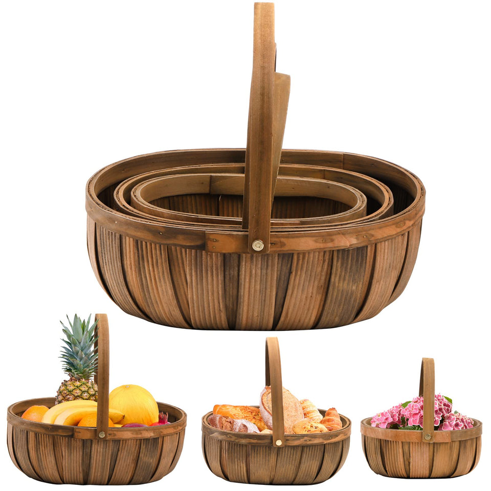 Lawei three-pack wooden bread baskets with handles for stylish serving at picnics and gatherings.