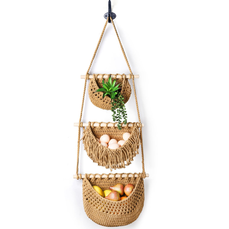 Lawei 3-tier hanging fruit basket in kitchen, sturdy cotton rope keeps produce organized.