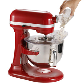 Lawenme pouring shield for KitchenAid 7qt Bowl-Lift prevents spills during ingredient additions.