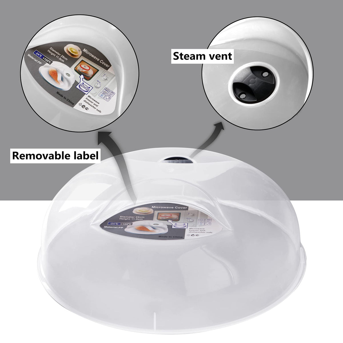 Layron vented lid with perforations to release steam during reheating.