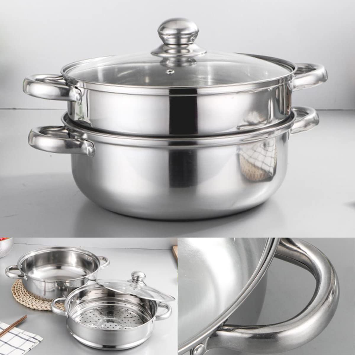 Lcilent 3-tier assembly demonstrates stacked steamers for multi-dish cooking.