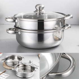 Lcilent 3-tier assembly demonstrates stacked steamers for multi-dish cooking.