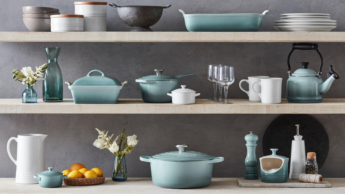 Le Creuset mini round cocotte on table for individual servings.