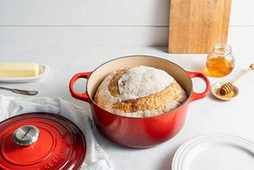 Top view of Le Creuset Cerise Dutch oven showing vibrant color