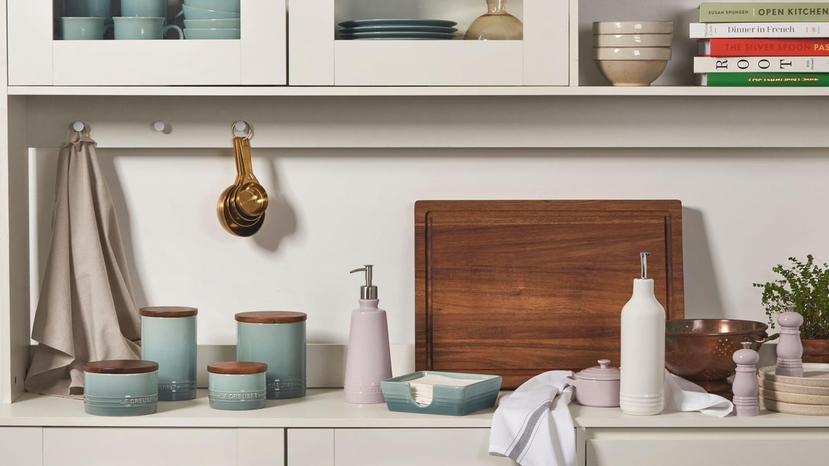 Le Creuset enamel-finish canister resists chips, scratches, and stains.