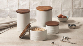 Le Creuset salt cellar front view, compact and space-saving for counters.