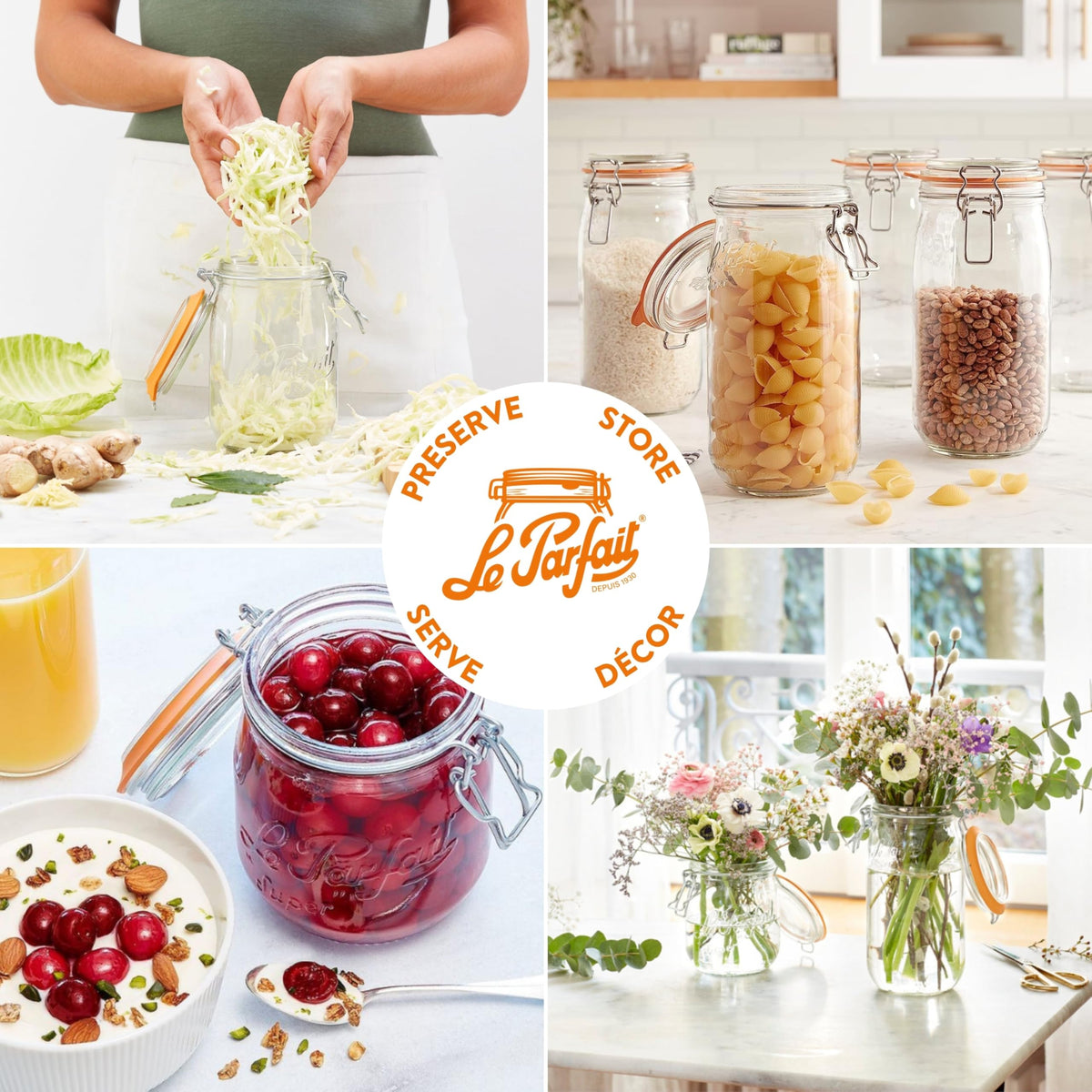 Tall design Le Parfait Super Jar 1L saves shelf space