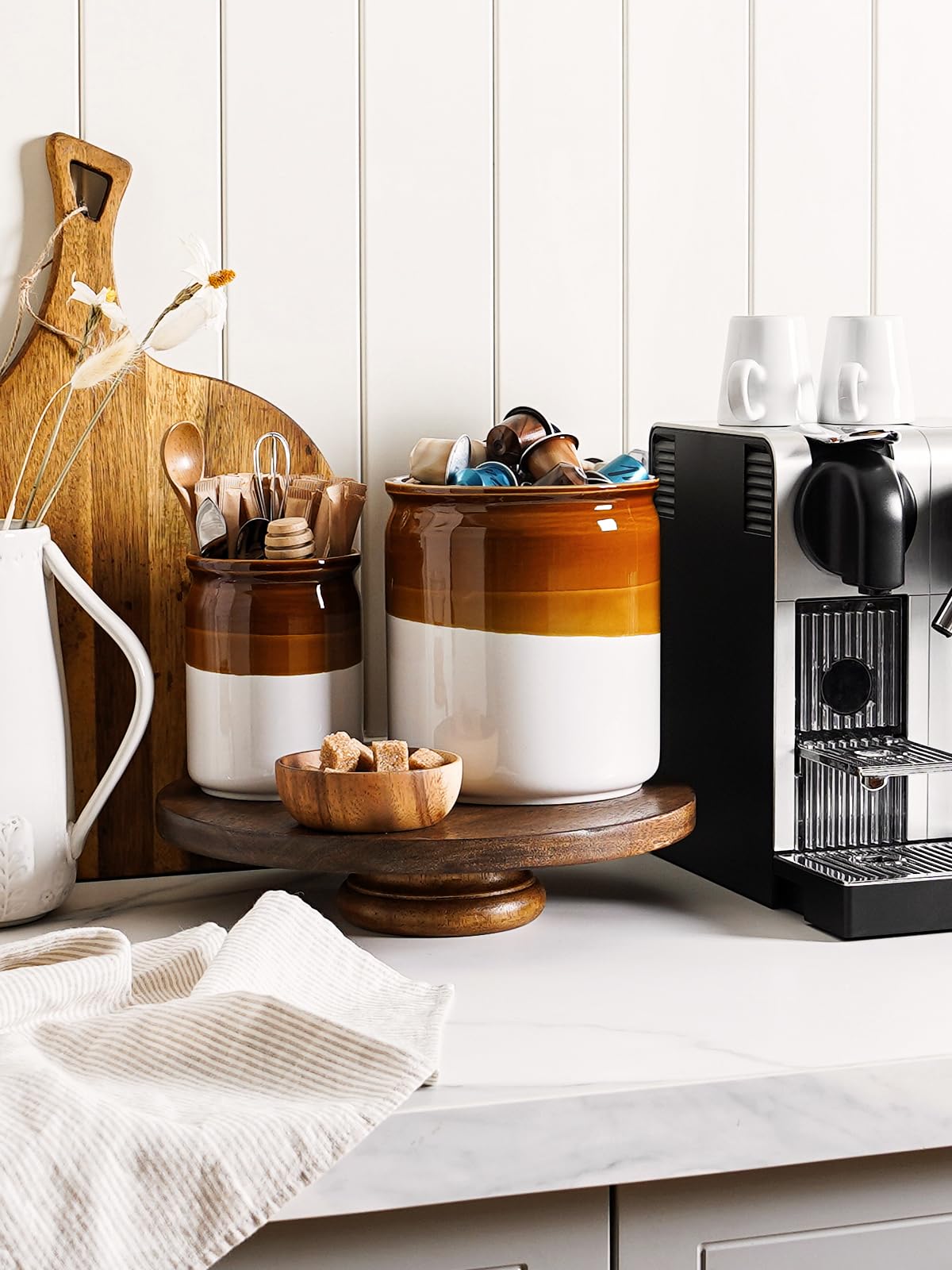 LE TAUCI countertop setup showing two piece crocks on an organized counter
