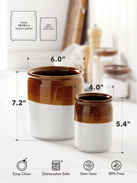 LE TAUCI two tone glaze on brown and white crocks adds rustic charm