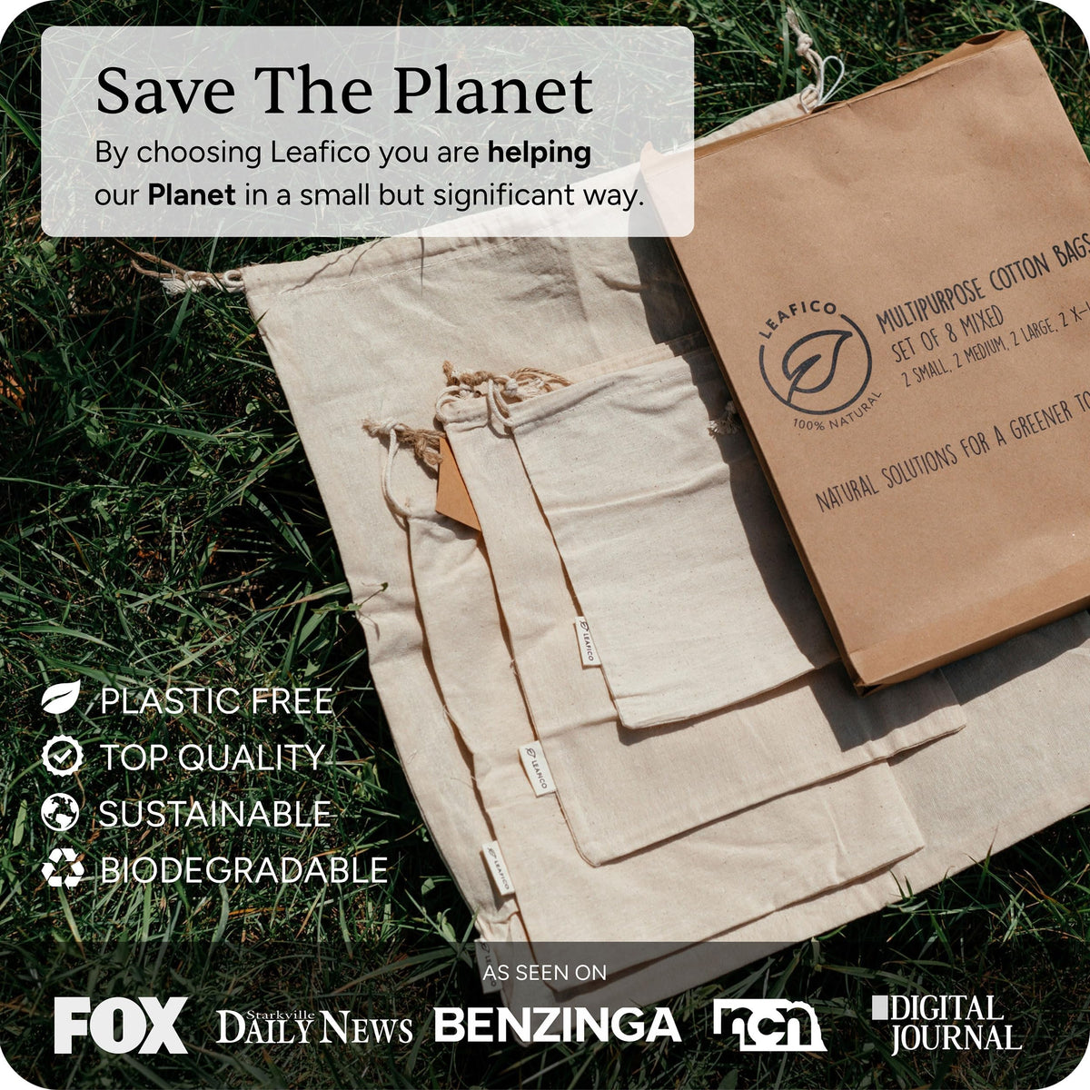 LEAFICO drawstring cotton bag for versatile storage and easy closure.