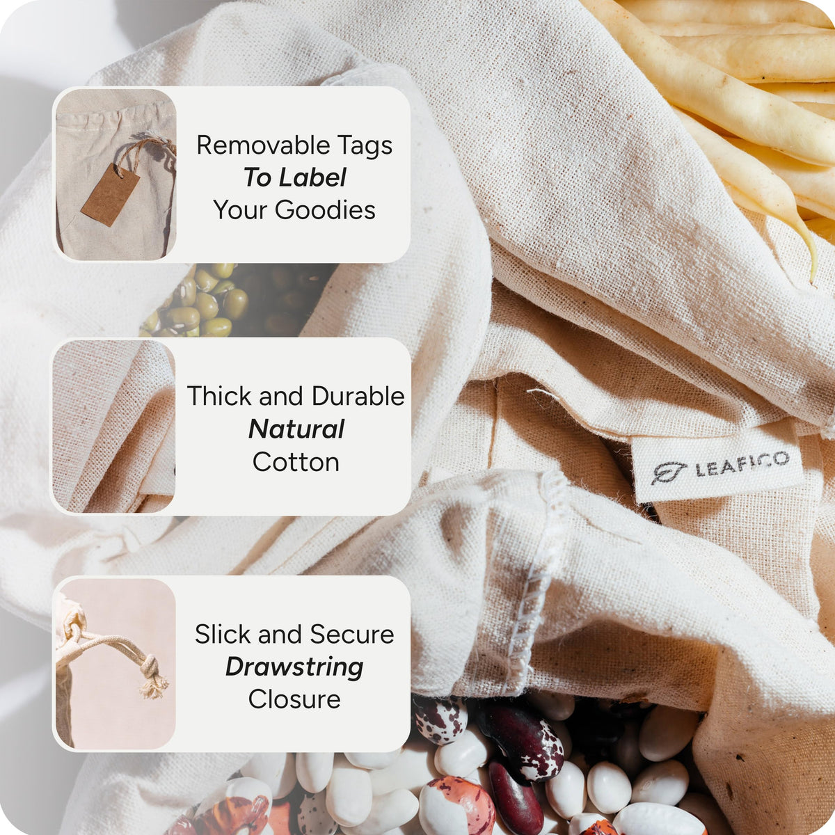 Leafico bags with removable tags for easy labeling and content clarity.