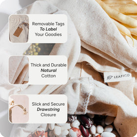 Leafico bags with removable tags for easy labeling and content clarity.