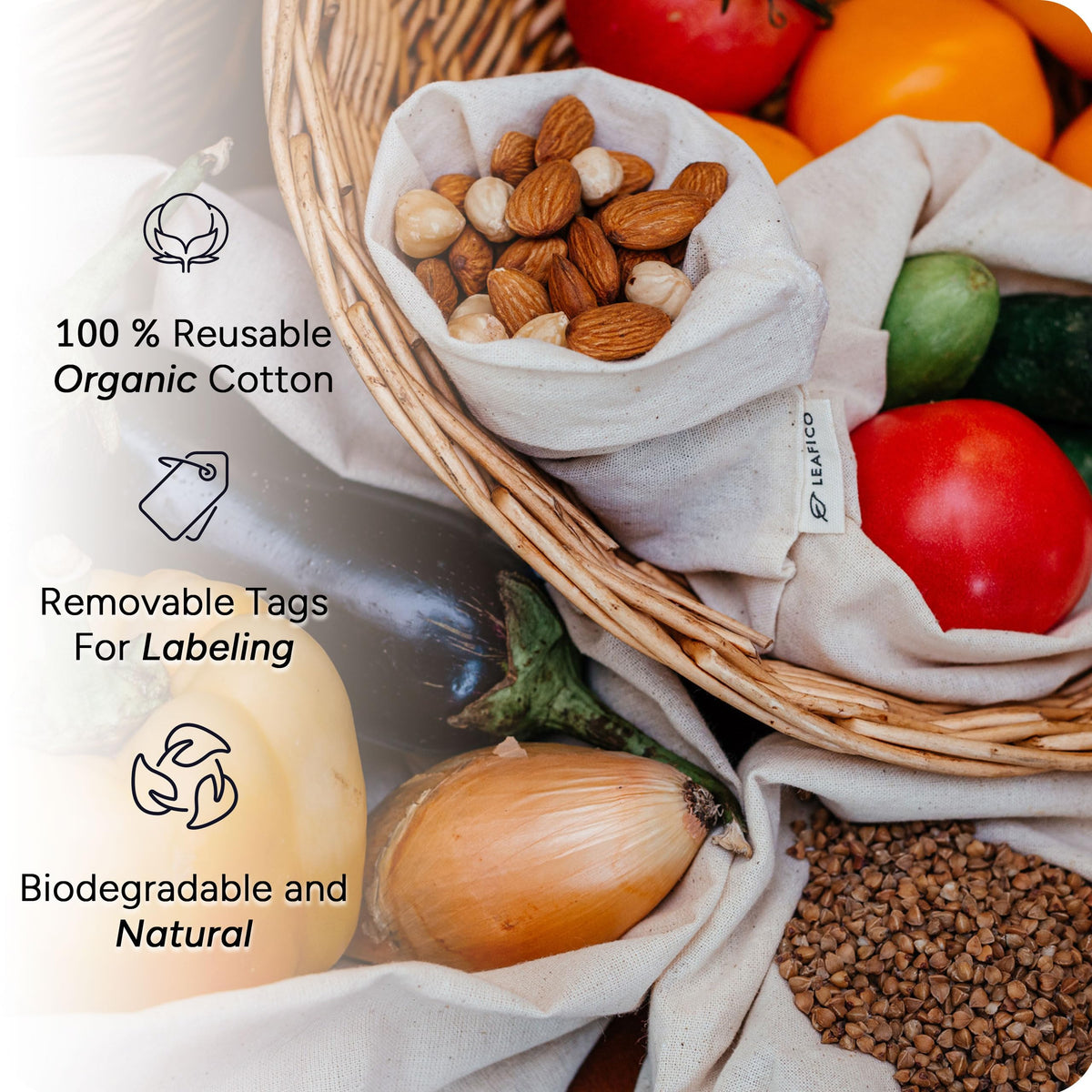 LEAFICO eco storage bags support kitchen pantry and travel organization.