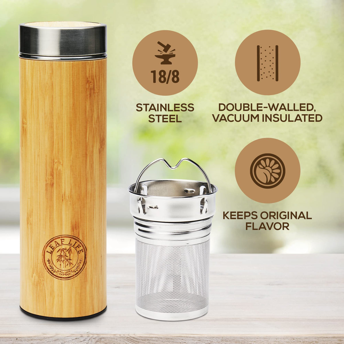 LeafLife bamboo tea bottle with secure lid prevents spills during travel