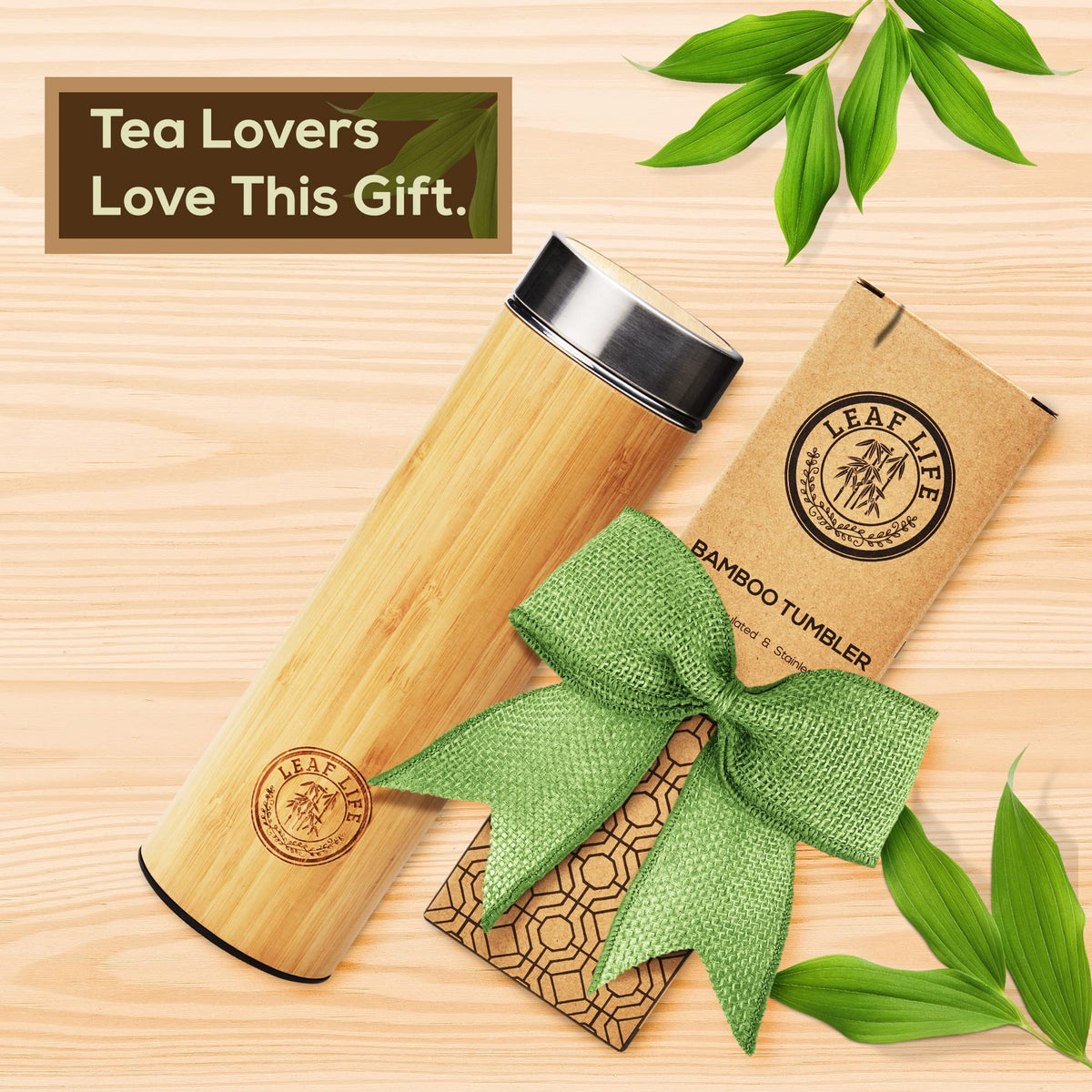 LeafLife bamboo tumbler with visible grain keeps beverages hot or cold.
