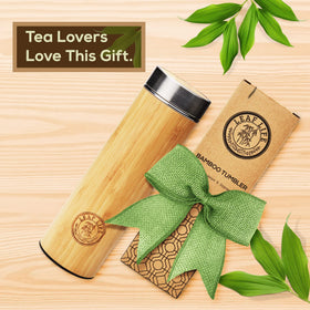LeafLife bamboo tumbler with visible grain keeps beverages hot or cold.