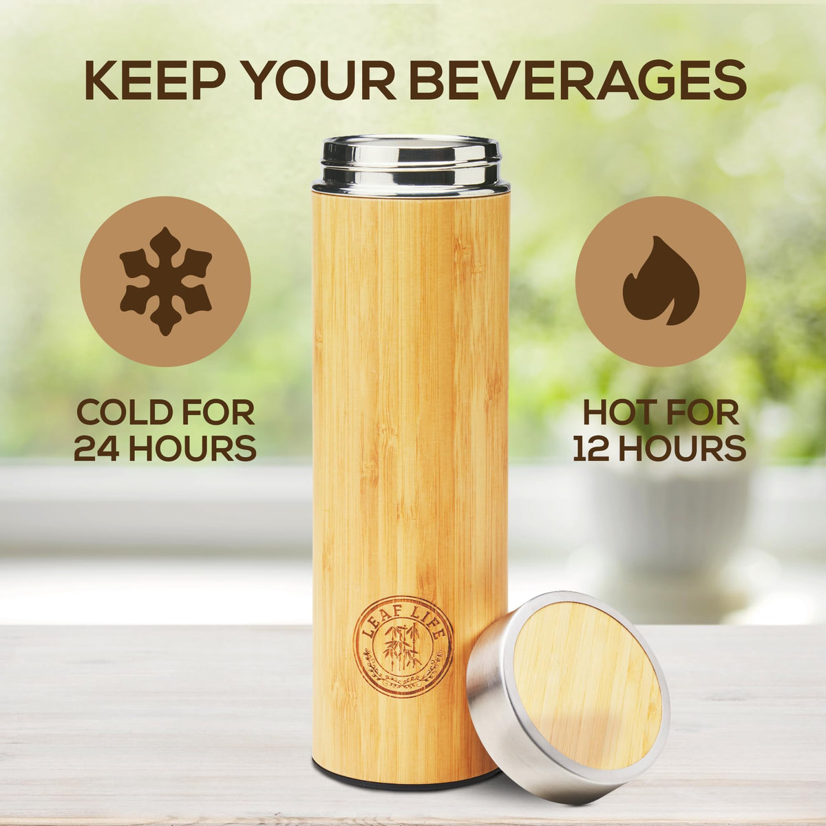 LeafLife insulated bamboo tumbler with vacuum technology keeps drinks hot or cold