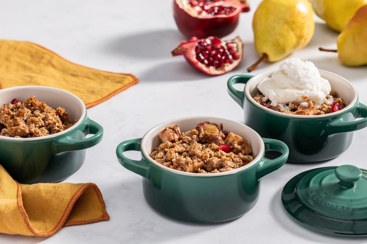 Le Creuset mini round cocotte Artichaut demonstrates heat retention for warm serving