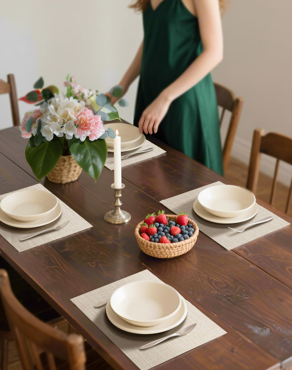 Leetaltree beige placemats outdoor dining scene ready for al fresco entertaining.