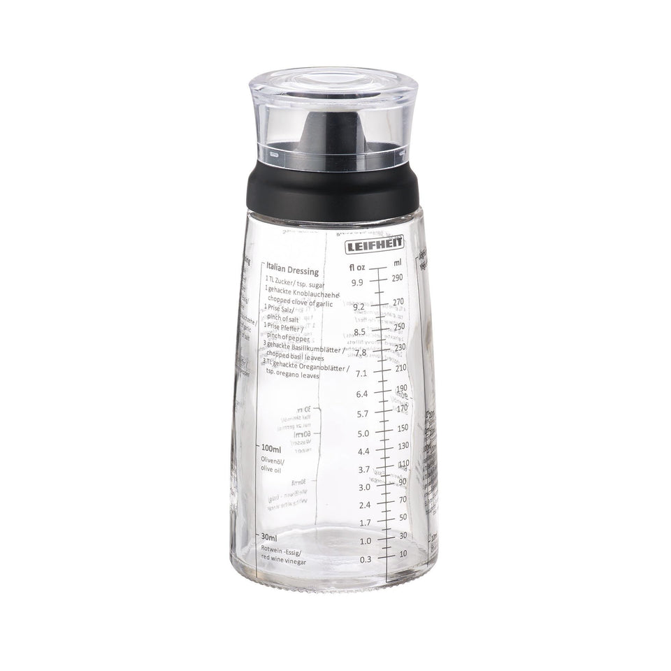 Leifheit glass dressing bottle 10oz with measurements for quick prep.