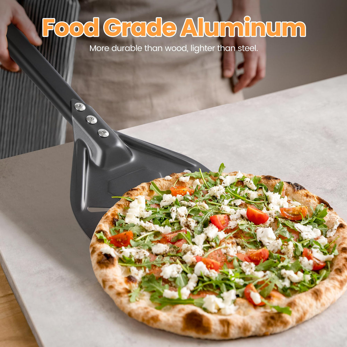 Leightszen pizza turning peel hard-anodized aluminum for lasting durability.