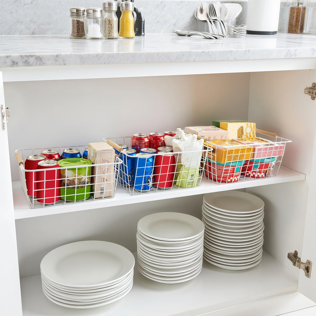 LeleCAT baskets storing fruit, vegetables, cans, and bottles in pantry.