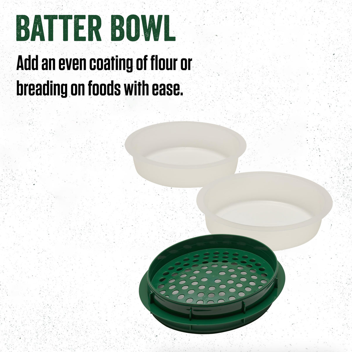 LEM Batter Bowl in action during shake-to-coat process for even coating.