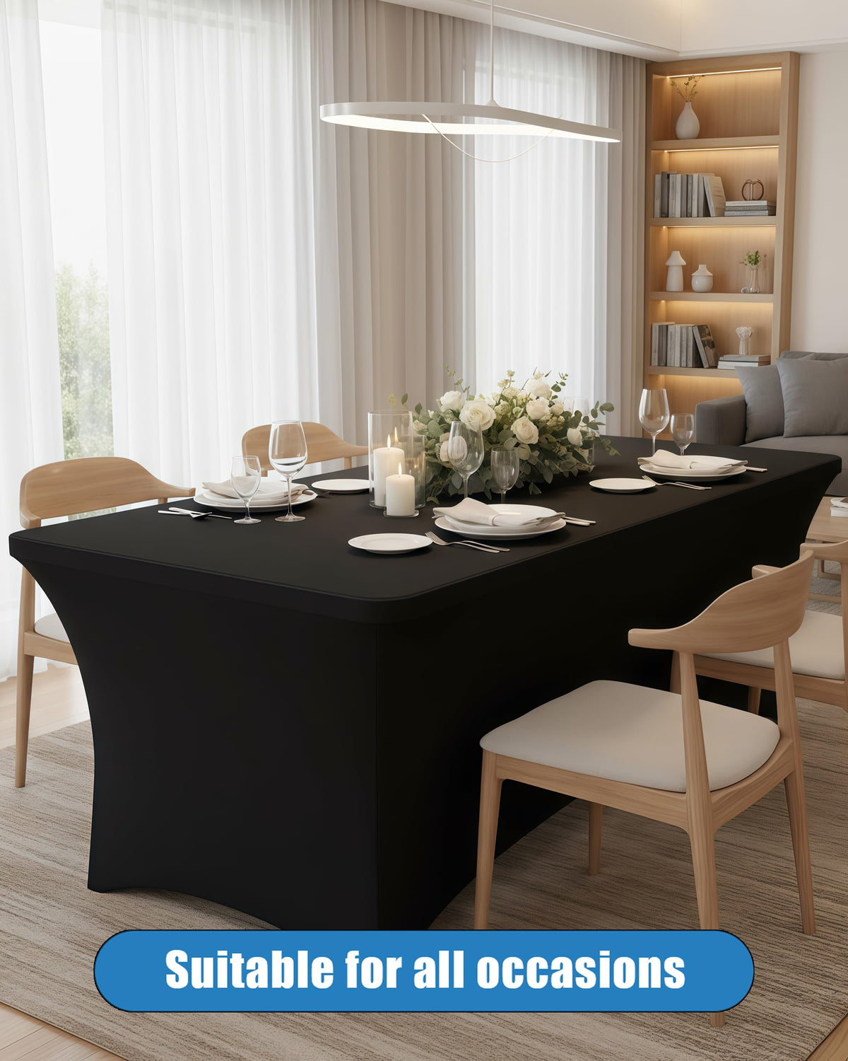 Lemict tablecloth showing leg pockets keeping the cover in place on a 72-inch table.