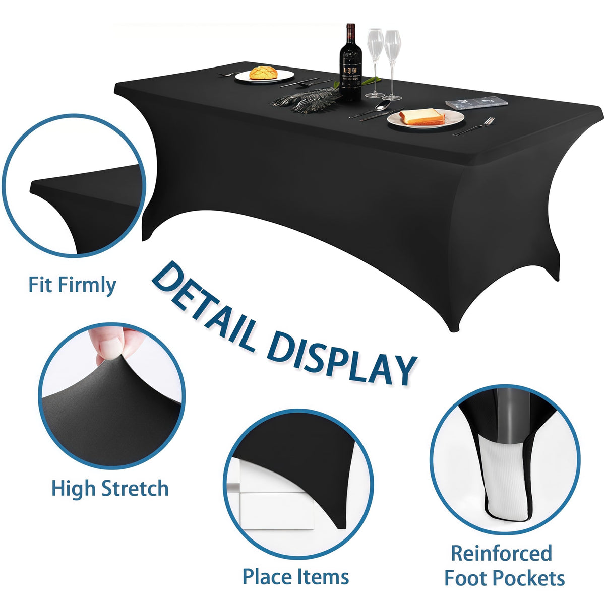 Lemict tablecloth draped over a 72-inch table for a clean, snug appearance.