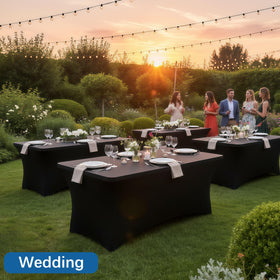 Outdoor setup with Lemict tablecloth showing stable fit in light wind.