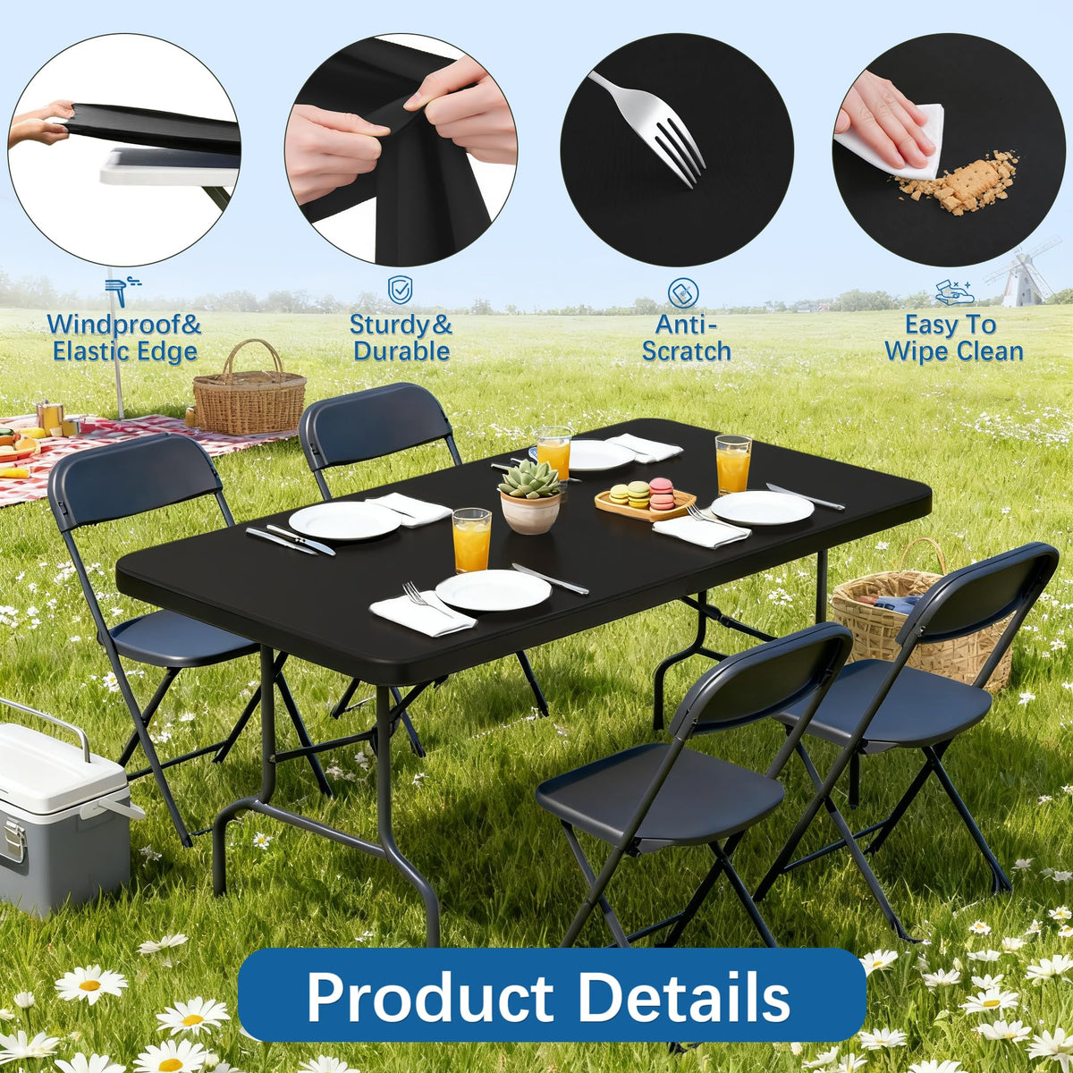 Lemict black spandex rectangle tablecloth stretched over a 72x30 table for a secure fit.