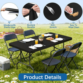 Lemict black spandex rectangle tablecloth stretched over a 72x30 table for a secure fit.