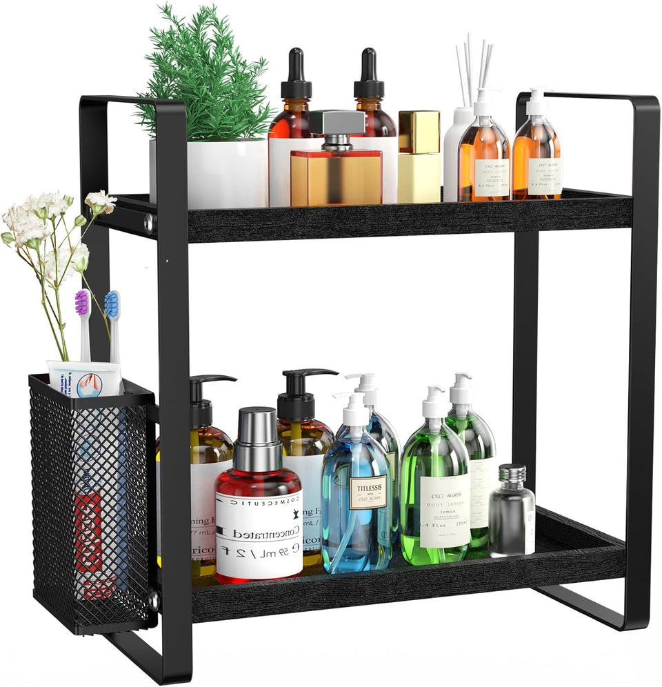 LEMIKKLE bathroom organizer countertop in black keeps toiletries neatly organized and accessible.