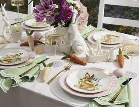 Lenox Gingham pink Valentine table scene with coordinated place setting.