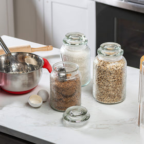 Le'raze glass canisters on a stylish countertop showcasing retro design.