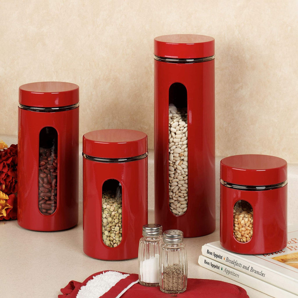 Le'raze red canisters displayed on a clean kitchen counter