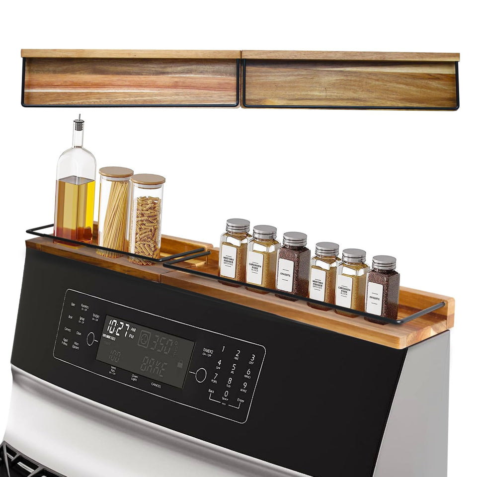 LFILONRO stove top shelf in wood with magnetic attachment keeps spices secure.