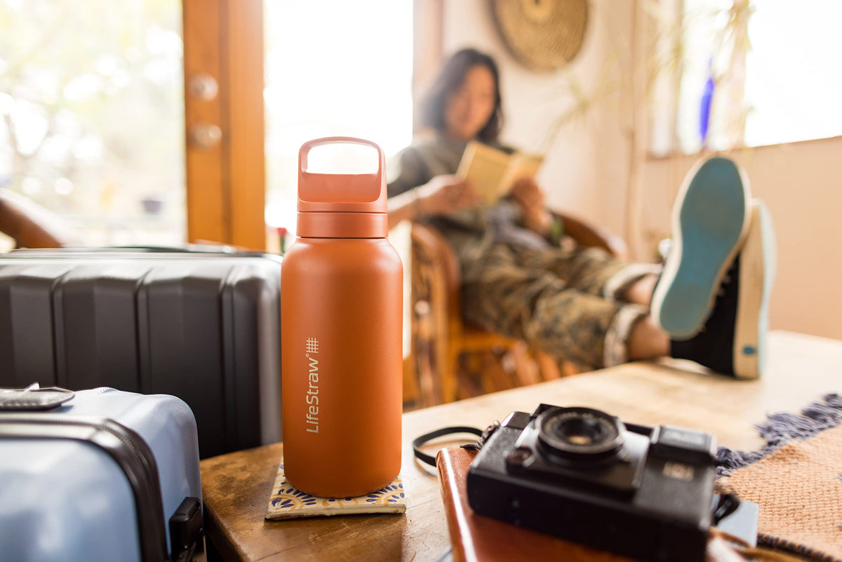 LifeStraw Go Series Icelandic Blue insulated bottle body keeps beverages cool during use.