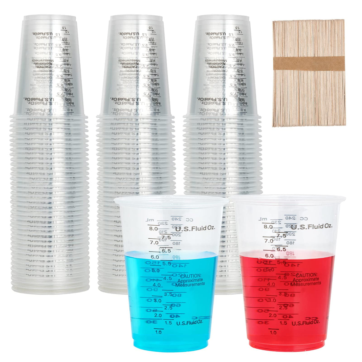 Lilymicky 200-pack plastic measuring cups with 8 oz marks for accurate liquids and resins.
